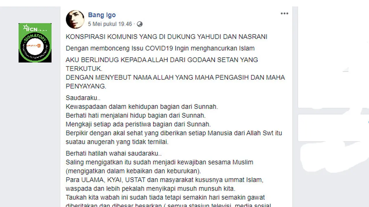 Klaim COVID-19 Konspirasi Komunis, Yahudi dan Nasrani Menghancurkan Islam