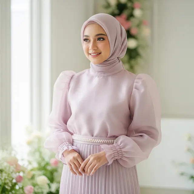 Blouse Organza dengan Rok Plisket Senada (Gemini AI)