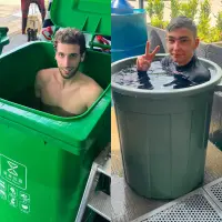 Intip cara unik pembalap MotoGP atasi suhu panas di Sirkuit Mandalika. Aleix Rins berendam di tempat sampah.