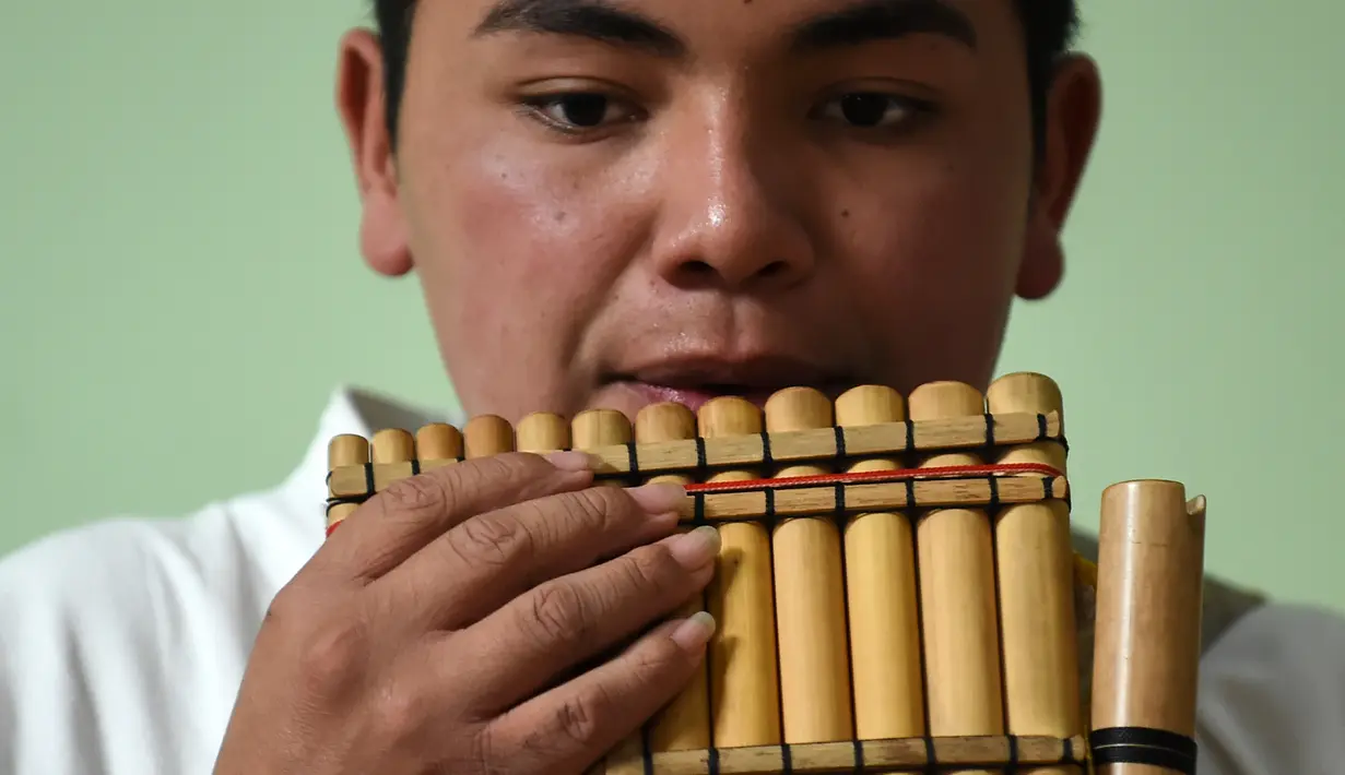 Seorang pria penduduk asli Kolombia memainkan alat musik tradisonal adat mereka saatmengikuti perayaan Hari Internasional Penduduk Asli / Masyarakat Adat di Bogota (9/8). (AFP Photo/Raul Arboleda)