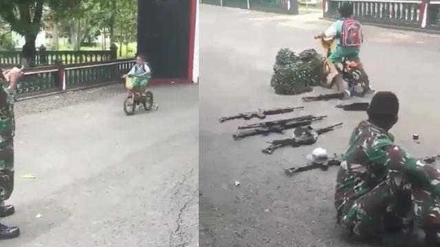 Viral Aksi Kocak Bocah yang Jatuh Saat Bersepeda di Markas TNI