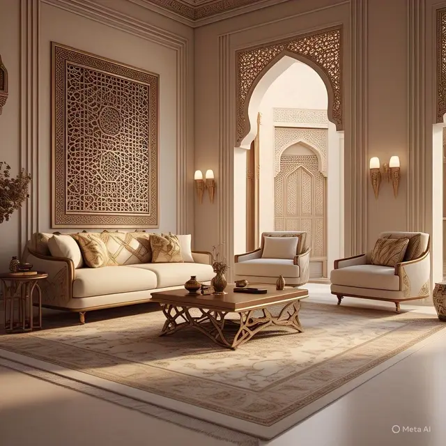 Gambar desain ruang tamu arabian style alias ruang tamu khas arab. (Foto: Meta AI)
