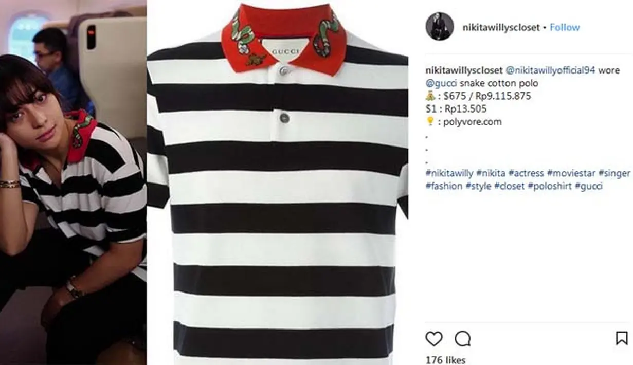 Polo shirt yang bermotif ular di bagian kerahnya ini sangat kece dipakai oleh Nikita Willy. Untuk harganya cukup mencengangkan bagi kaum wanita lainnya, tertera dari keterangan foto harganya mencapai Rp. 9.115.875. (Instagram/nikitawillycloset)