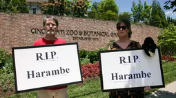 Dua warga membawa poster bertuliskan "RIP Harambe" di luar Kebun Binatang Cincinnati, Ohio, Senin (30/5). Mereka memprotes penembakan gorila setelah anak kecil berusia empat tahun jatuh ke kandang gorila jantan tersebut. (REUTERS/William Philpott)