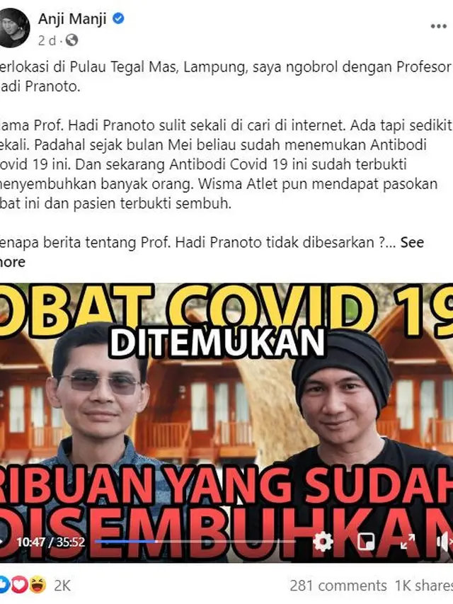 Unggahan Anji di Facebook/ (facebook.com/duniamanji)