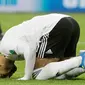 Penyerang Mesir, Mohamed Salah berselebrasi usai mencetak gol penalti ke gawang Rusia pada grup A Piala Dunia 2018 di stadion St. Petersburg di St. Petersburg, (19/6). Rusia menang 3-1 atas Mesir. (AP Photo / Gregorio Borgia)