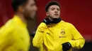 Gelandang Borussia Dortmund, Jadon Sancho saat mengikuti sesi latihan tim di Stadion Wembley di London, Inggris (12/2). Dortmund akan bertanding melawan Tottenham Hotspur pada babak 16 besar Liga Champions. (AP Photo/Frank Augstein)