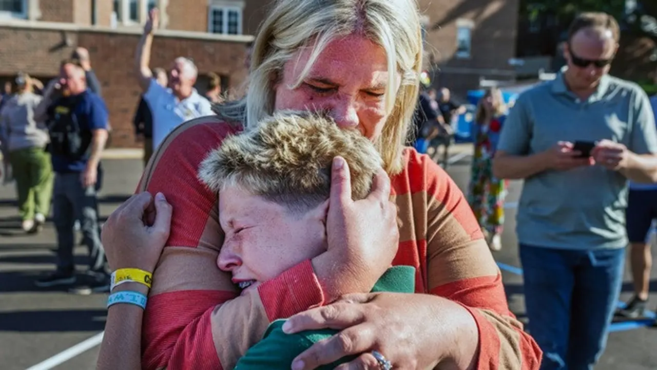 Seorang orang tua memeluk putranya pasca tragedi penembakan massal di Sekolah Katolik Annunciation di Minneapolis, Minnesota, Amerika Serikat, Rabu (27/8/2025).