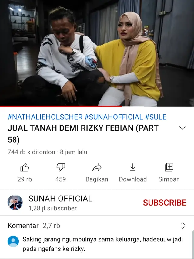Unggahan Nathalie Holscher soal Rizky Febian. (Foto: YouTube Sunah Official)