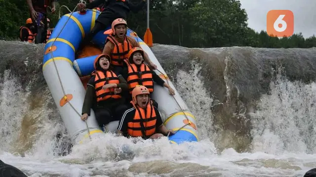 Serunya bermain arung jeram di kawasan wisata alam Pinus Camp Banyuwangi (Hermawan Arifianto/Liputan6.com)