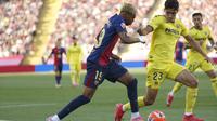 Pemain Barcelona, Lamine Yamal (kiri), berupaya melewati adangan bek Villarreal, Sergi Cardona, pada pekan 37 Liga Spanyol 2024/2025 di Lluis Companys Olympic Stadium, Senin (19/5/2025) dini hari WIB. (AP Photo/Joan Monfort)