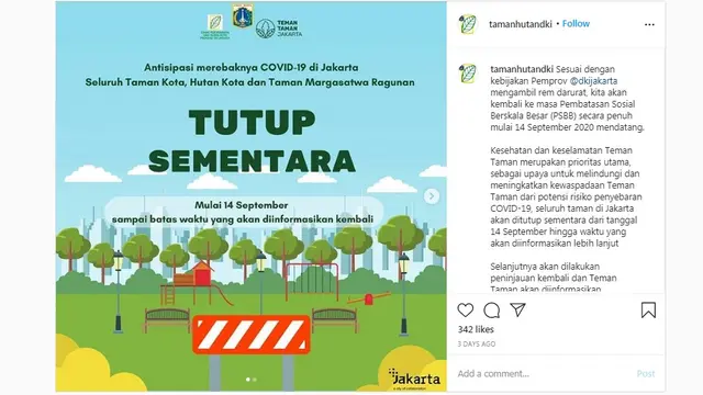 PSBB Jakarta, Seluruh Taman dan Hutan Kota Tutup Sementara