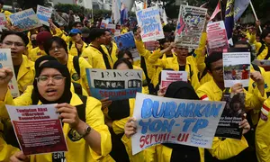 Aksi demo BEM UI  di Jalan MH Thamrin, Jakarta, Selasa, 18 Agustus 2026. (KLY/ Arie Basuki)