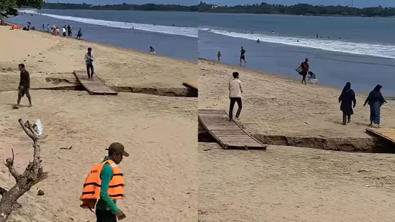 Seorang pemuda melakukan pungli di kawasan Pantai Carita