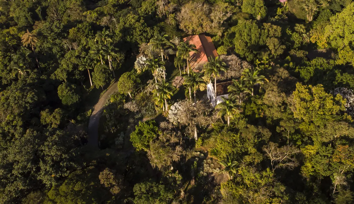 Pemandangan udara dari situs Roberto Burle Marx, yang masuk kedalam daftar situs warisan dunia UNESCO, di Rio de Janeiro, Brasil, pada 27 Juli 2021. Lokasi ini dianggap sebagai laboratorium untuk eksperimen botani dan lanskap. (AP Photo/Mario Lobao)