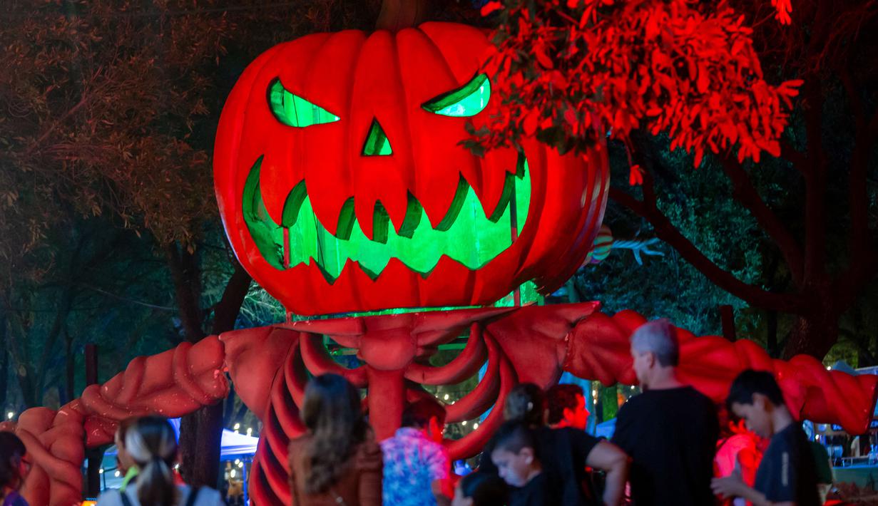 Sebuah labu Halloween raksasa terlihat saat festival labu di Parque Fundidora, Monterrey, Negara Bagian Nuevo Leun, Meksiko, pada 25 Oktober 2024. (Julio Cesar AGUILAR/AFP)