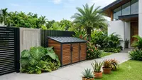 Ide Tempat Sampah Outdoor Anti Kehujanan yang Tetap Menyatu dengan Desain Rumah. (Gambar: AI Generated)