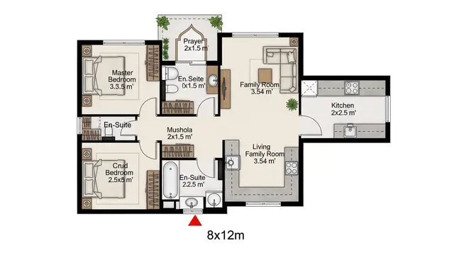 Denah Desain Rumah 8x12 dengan 3 Kamar dan Mushola
