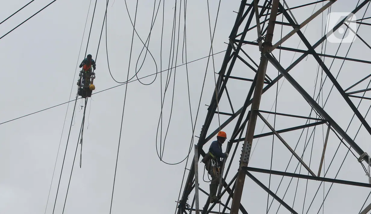 Pekerja menyelesaikan pekerjaan jaringan SUTET di Tangerang, Banten, Senin (2/1/2021).
Pasukan ini dikenal dengan tim Pekerjaan Dalam Keadaan Bertegangan (PDKB). (Liputan6.com/Angga Yuniar)