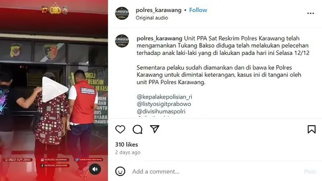 Seorang tukang bakso berinisial WN ditangkap penyidik Unit PPA Polres Karawang karena diduga melecehkan sejumlah anak. (Instagram @polres_karawang)