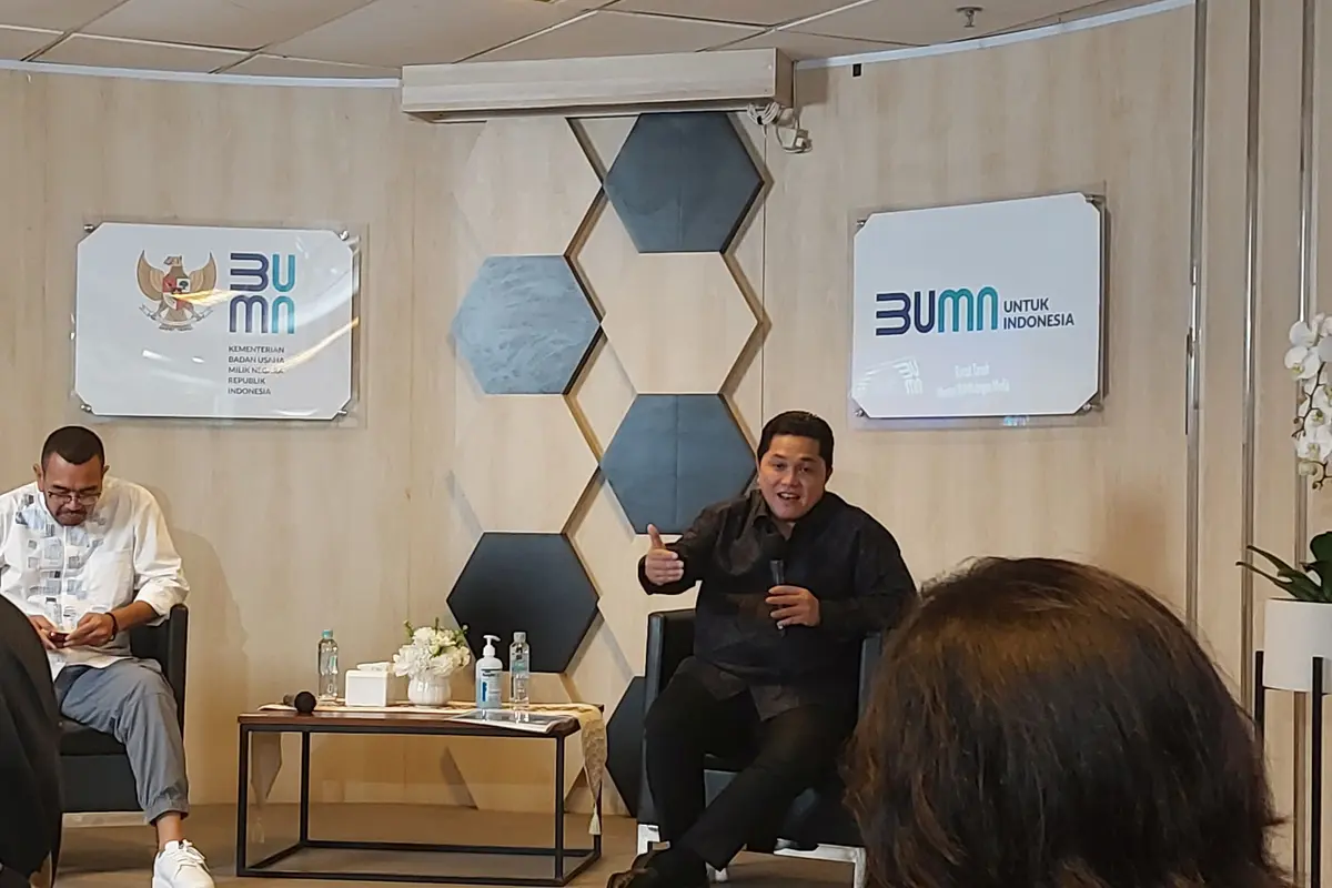 Menteri BUMN Erick Thohir dalam Acara Ramah Tamah  di Kementerian BUMN, Rabu (3/5/2023). Erick Thohir buka suara mengenai rencana pemerintah yang akan menambah porsi saham di PT Freeport Indonesia (PTFI).