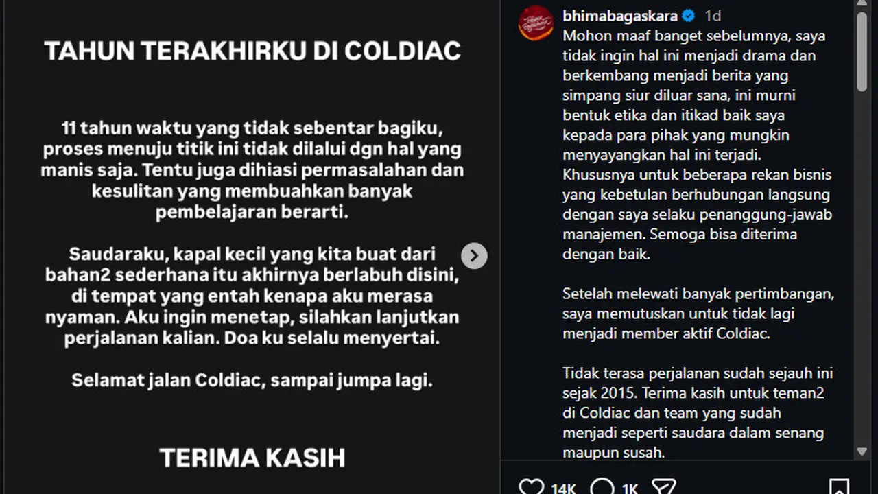 Postingan mengenai hengkangnya Bhima Bagaskara dari Coldiac, Sabtu (4/7/2026).(Instagram/@bhimabagaskara))