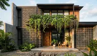 Desain Fasad Rumah dengan Roster dan Tanaman Gantung (created by AI)