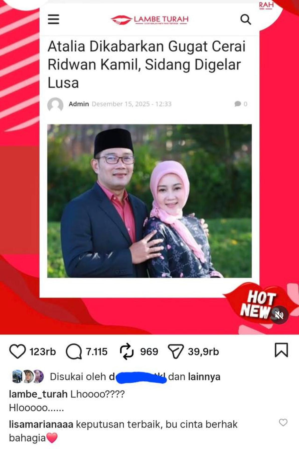 Geger Lisa Mariana Komentari Atalia Praratya Gugat Cerai Ridwan Kamil: Bu Cinta Berhak Bahagia!