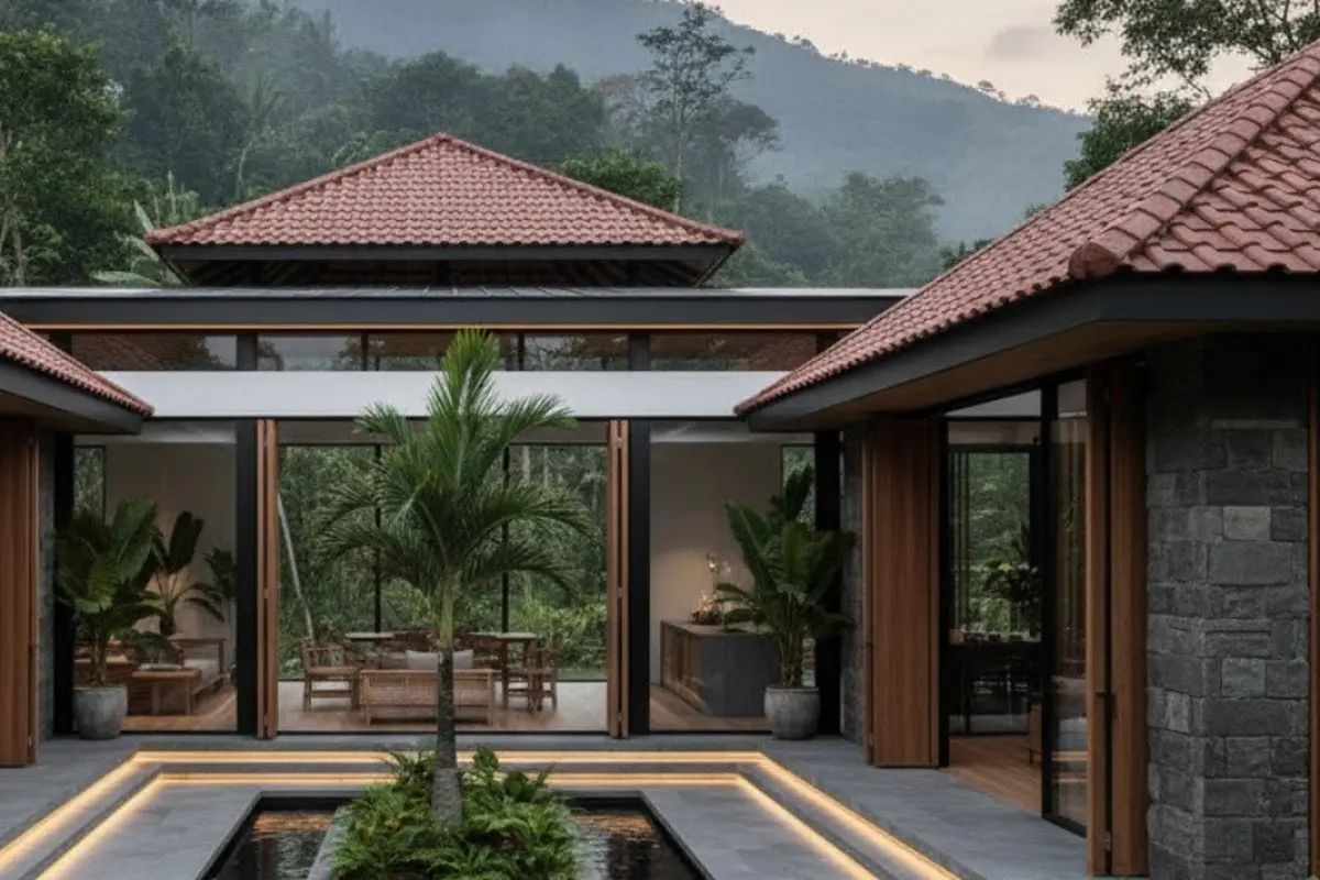 Ilustrasi Rumah Tropis Lereng Gunung (Sumber: Gemini AI)