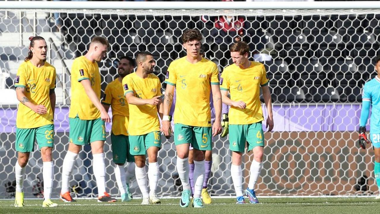Selebrasi para pemain Australia dalam laga 16 besar Piala Asia 2023 versus Timnas Indonesia, Minggu (28/1/2024). (c) AP Photo/Hussein Sayed