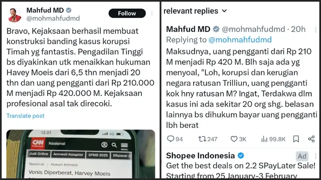 Mahfud MD Apresiasi Hukuman Harvey Moeis Diperberat