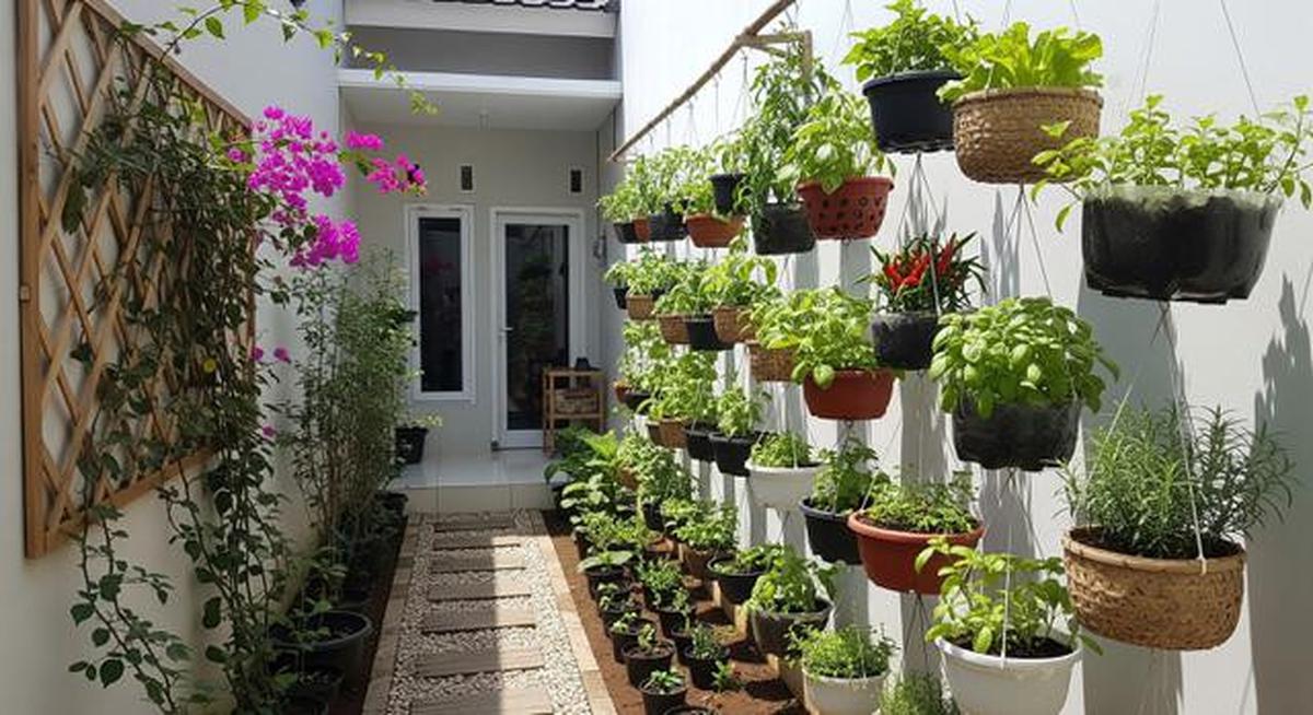 Model Desain Halaman Belakang Rumah Kecil dengan Pot Gantung Sayur dan Tanaman Rempah