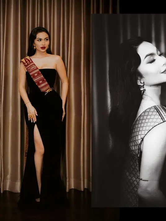 Sementara Ariel Tatum pilih tampilan feminin elegan saat mengenakan ulos merah emas [@arieltatum]