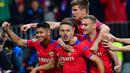 Para pemain CSKA Moskow merayakan gol yang dicetak Nikola Vlasic ke gawang Real Madrid pada laga Liga Champions di Stadion Luzhniki, Moskow, Selasa (2/10/2018). CSKA menang 1-0 atas Madrid. (AFP/Mladen Antonov)
