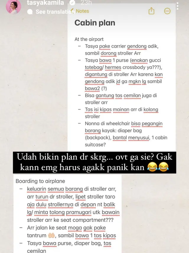 Catatan rencana perjalanan Tasya Kamila susul Randi Bachtiar ke Amerika Serikat. (Foto: Instagram Stories/tasyakamila)