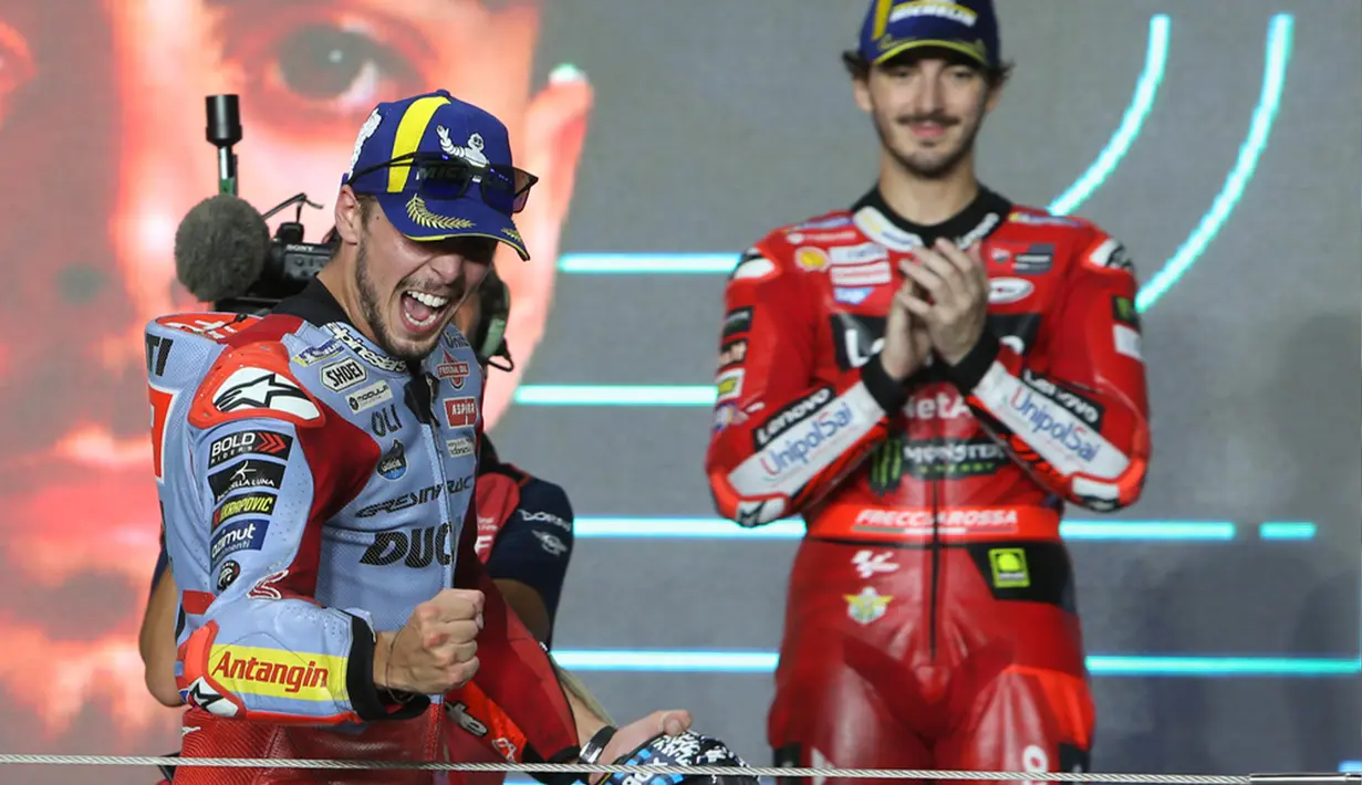 Fabio Di Giannantonio mencatatkan waktu tercepat 41 menit 43,654 detik. Dia disusul Bagnaia di posisi kedua dan Luca Marini di posisi ketiga. (AP Photo/Hussein Sayed)