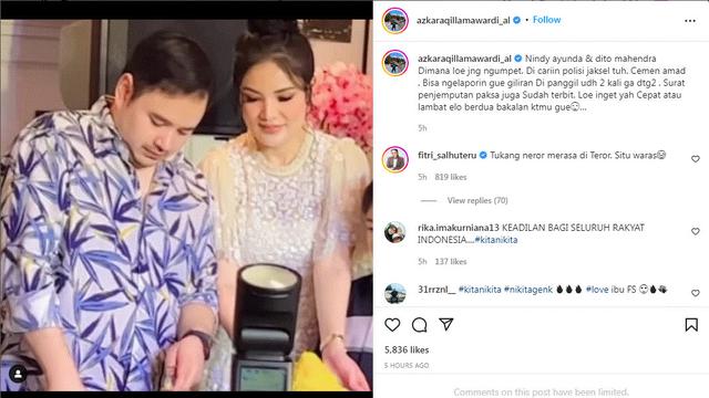 Nikita Mirzani menggunakan akun instagram putranya mengunggah foto Dito Mahendra dan Nindy Ayunda