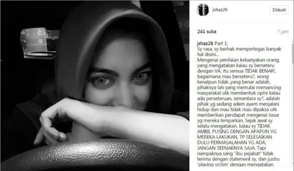Jane Shalimar meluapkan kemarahannya terhadap seseorang berinisial VA yang diduga adalah Vanessa Angel [foto: instagram]