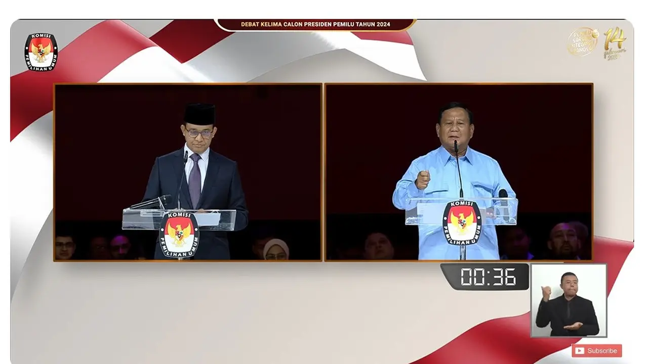 Calon Presiden (Capres) nomor urut 01 Anies Baswedan dan Capres nomor urut 02 Prabowo Subianto saat debat Pilpres 2024 terakhir yang digelar Minggu (4/2/2024) di JCC.