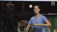 Pebulu tangkis Spanyol peringkat ke 4 dunia tunggal wanita, Carolina Marin memberikan pelatihan bulu tangkis di Jakarta, Minggu (11/6). Asosiasi profesional liga sepak bola Spanyol, LaLiga hadirkan Carolina Marin ke Indonesia. (Liputan6.com/Yoppy Renato)