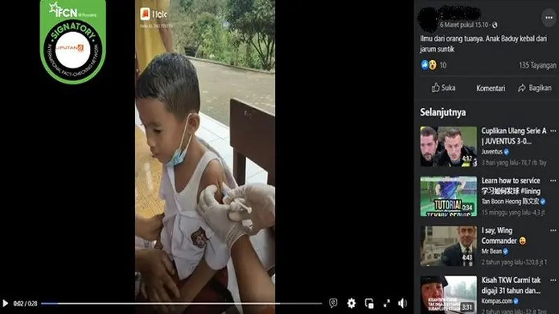 Gambar Tangkapan Layar Video yang Diklaim Bocah Suku Baduy Kebal Ditusuk Jarum Suntik (sumber: Facebook).