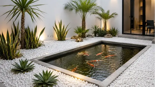 Kombinasi Taman Kering dan Kolam Ikan Dangkal Minimalis (AI)