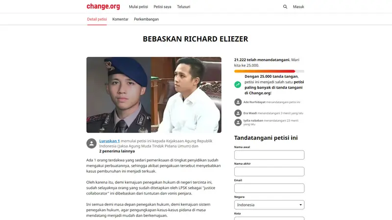 Petisi Online Bebaskan Bharada E Jelang Sidang Pleidoi Richard Eliezer