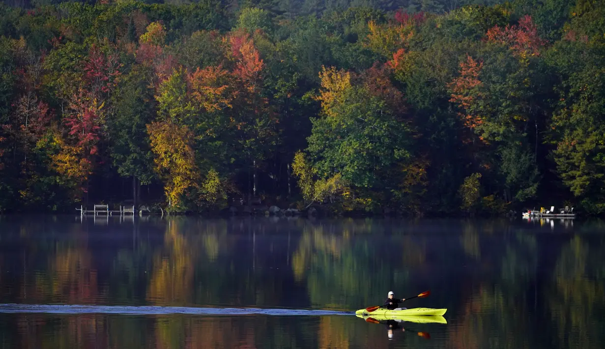 Virginia Davidson mendayung kayak di Moose Pond di mana pepohonan di sekitarnya berubah menjadi warna musim gugur, di Bridgton, Maine, Amerika Serikat, Rabu (13/10/2021). Salah satu yang paling khas dari musim gugur adalah pohon-pohon yang berubah warna sebelum gugur. (AP Photo/Robert F. Bukaty)