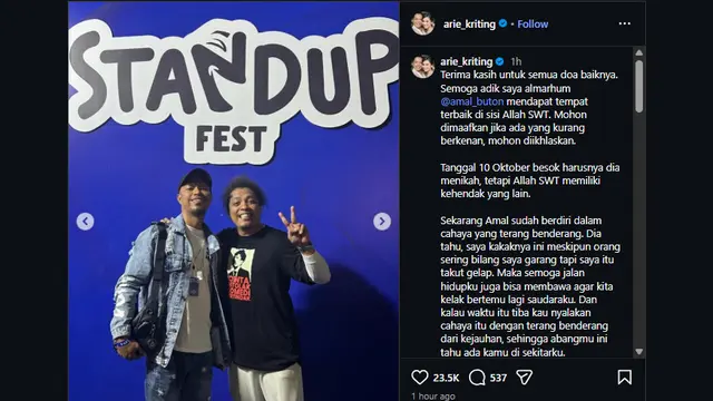 Postingan Instagram Arie Kriting tentang mendiang Amal Buton. (Instagram.com/arie_kriting)
