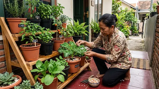 Desain Teras dengan Tanaman Rak Bertingkat
