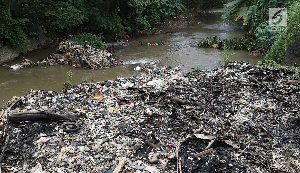 Sampah menumpuk dan menutupi sebagian aliran Kali Baru di kawasan Cibinong, Bogor, Jawa Barat, Senin (11/3). Perilaku buruk warga yang membuang sampah sembarangan menyebabkan kondisi kali dipenuhi sampah rumah tangga. (Liputan6.com/Immanuel Antonius)