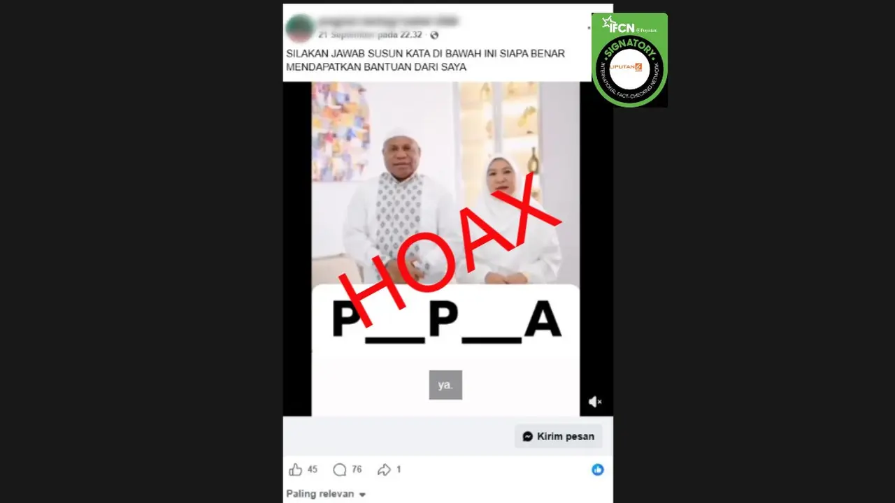 Cek Fakta Liputan6.com mendapati klaim video Gubernur Papua Mathius D Fakhiri memberikan bantuan dengan cara menjawab kuis susun kata.