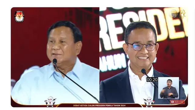 Calon presiden nomor 1 Anies Baswedan, dan capres nomor urut 2 Prabowo Subianto saat debat capres ketiga yang digelar KPU pada Minggu (7/1/2024) di Istora, Senayan, Jakarta.