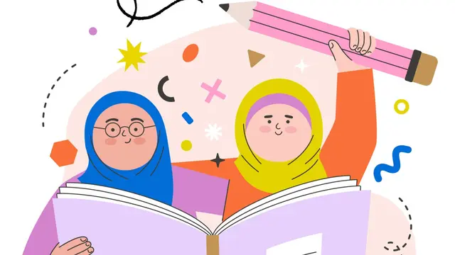 Ilustrasi muslim, siswi, belajar